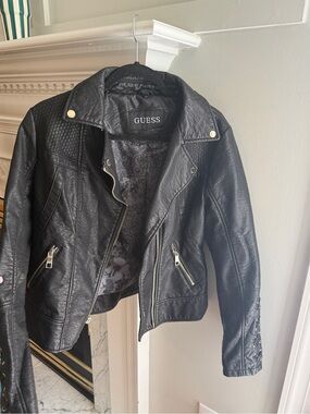 GUESS Black Faux Leather Moto Jacket with Quilted Panels